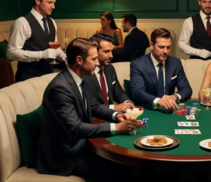 Ambiance de groupe autour des tables de poker dans le salon de cartes Mirevance
