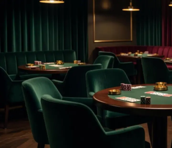 Ambiance du salon de cartes et du restaurant Mirevance avec lumi&egrave;res dor&eacute;es, banquettes en velours et tables de poker
