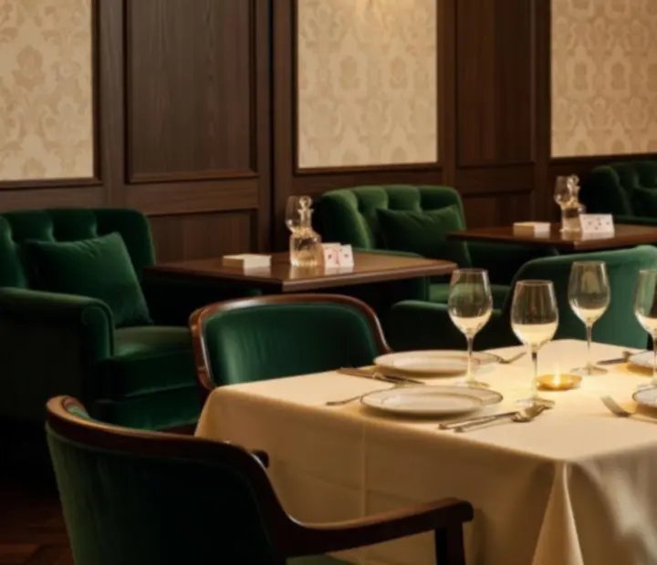 Table dressée au restaurant Mirevance avec ambiance chaleureuse et salon de cartes en arrière-plan
