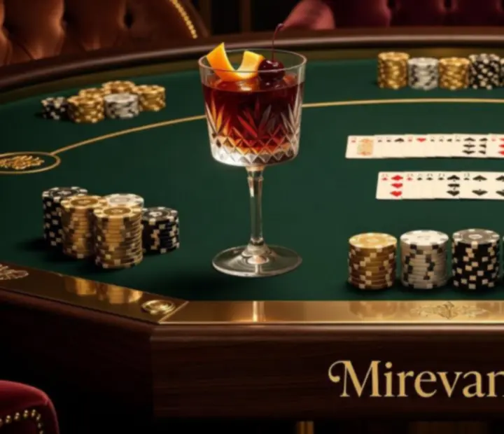 Cocktails signature posés sur une table de poker dans le salon de cartes Mirevance