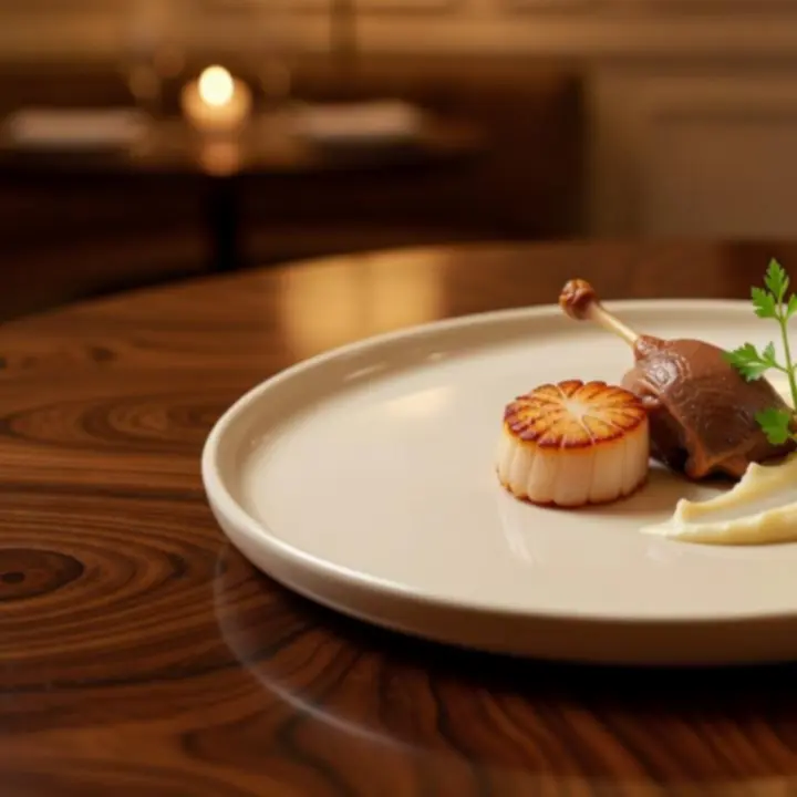 Assiette de cuisine contemporaine dress&eacute;e avec raffinement au restaurant Mirevance