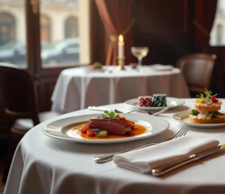 Assiette gastronomique et jetons de poker sur une table raffinée de Mirevance.