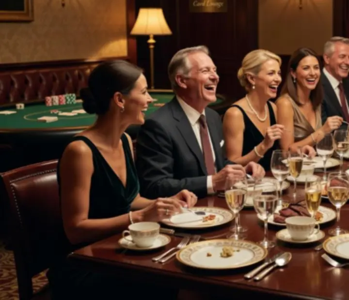 Groupe d’invités lors d’un événement privé au restaurant Mirevance avec espace poker hors ligne