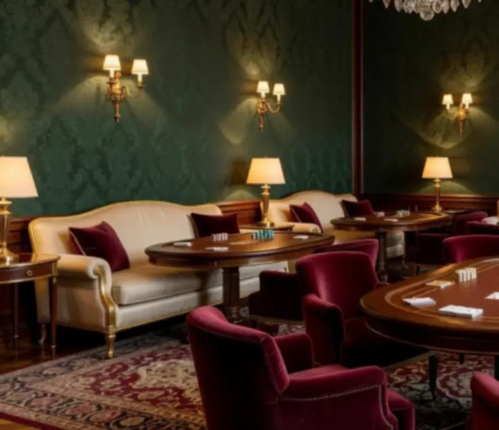 Vue du salon de cartes Mirevance avec tables de poker et ambiance chaleureuse.
