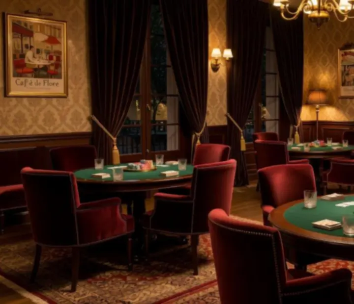 Ambiance lounge du salon de cartes avec fauteuils, bois sombre et lumi&egrave;res dor&eacute;es.