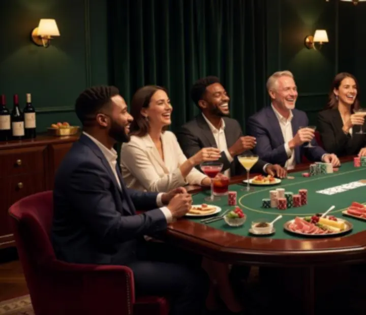 Soirée poker de groupe autour d'une grande table avec service au restaurant Mirevance