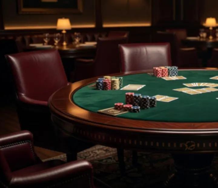 Tables de poker élégantes en bois sombre avec feutre vert dans le salon de cartes Mirevance