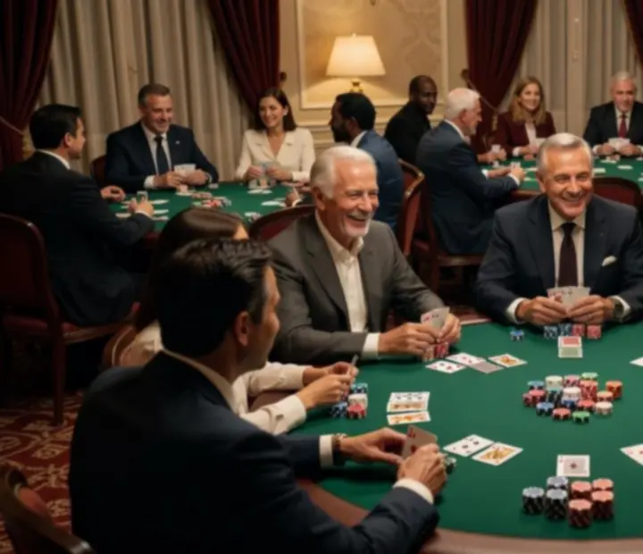 Tables de poker pour groupes dans le salon Mirevance avec cartes et jetons.